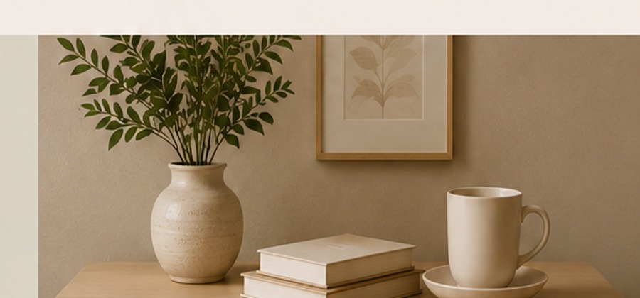 Warm therapeutic office detail with books, cup, and plant